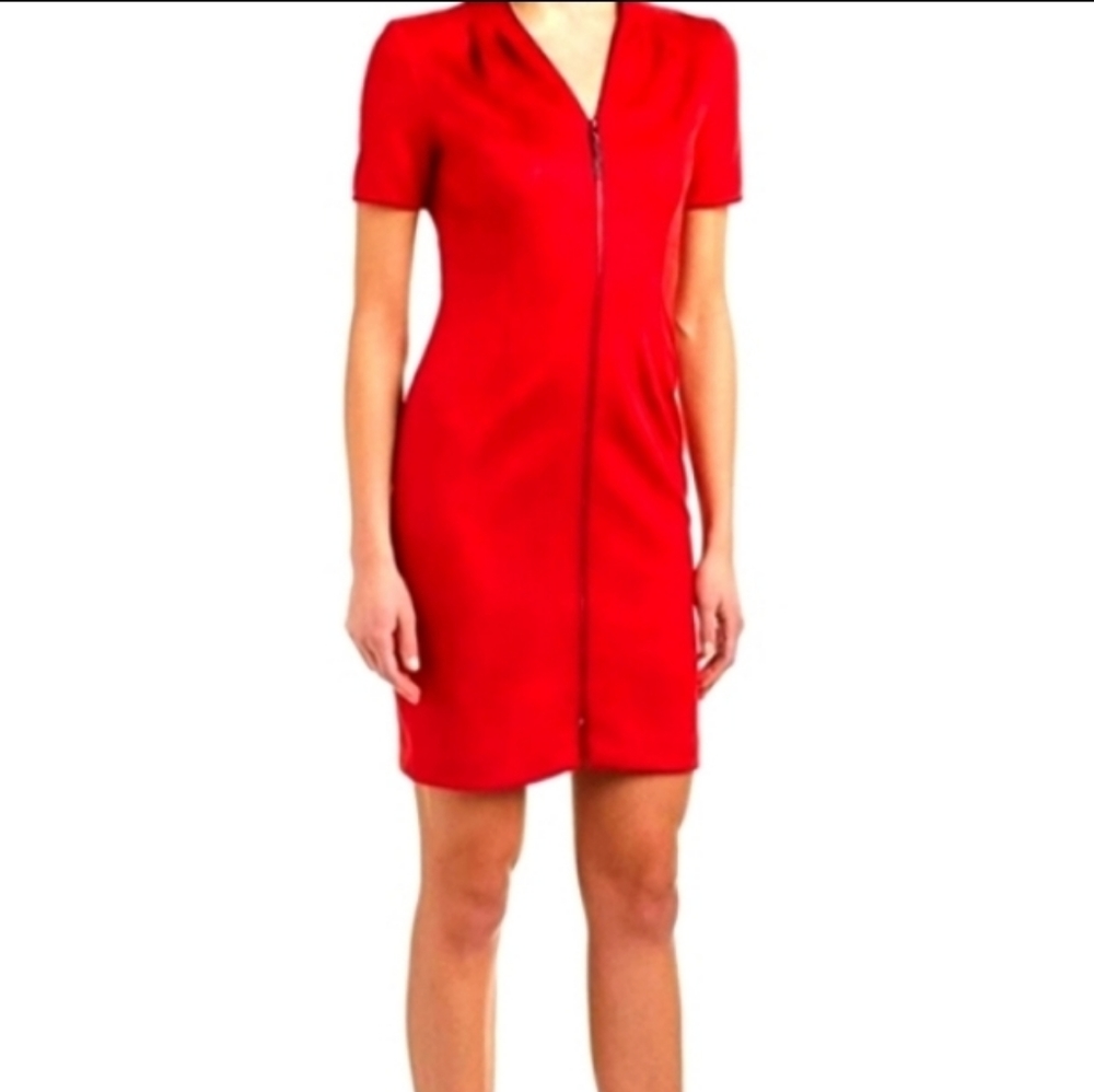 Tahari Suede Front Zipper Double Knit Ponte Midi ScubaDress Bolero Red